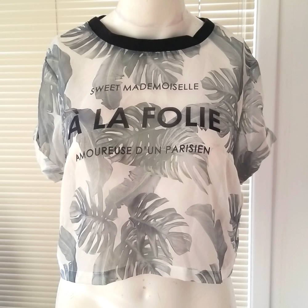 DIVIDED Tropical Print Sheer Crop Top Cuffed Sleeves with Leaf Print.